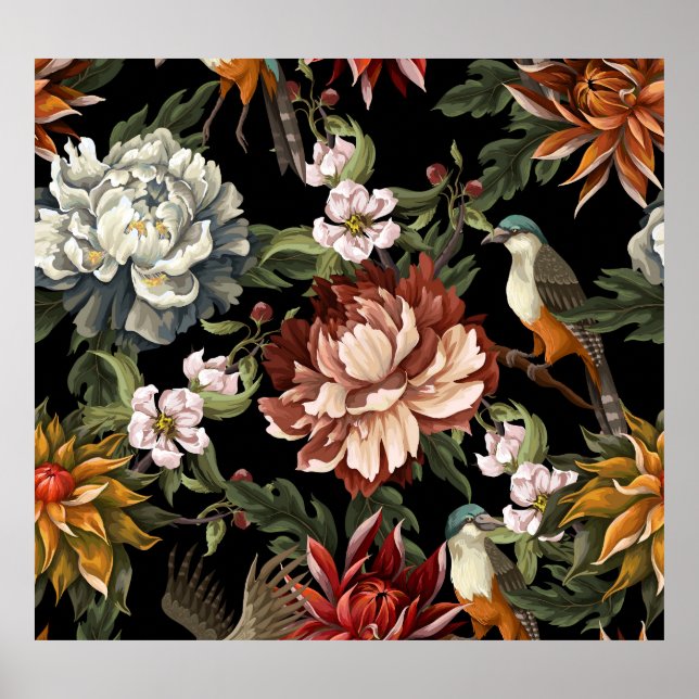 Ornate Vintage Peonies, Ro, Birds. Poster (Framsidan)