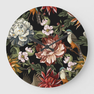 Ornate Vintage Peonies, Ro, Birds. Stor Klocka