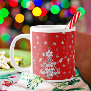 Ornate White Christmas Tree & Snowflakes Jumbo Mugg
