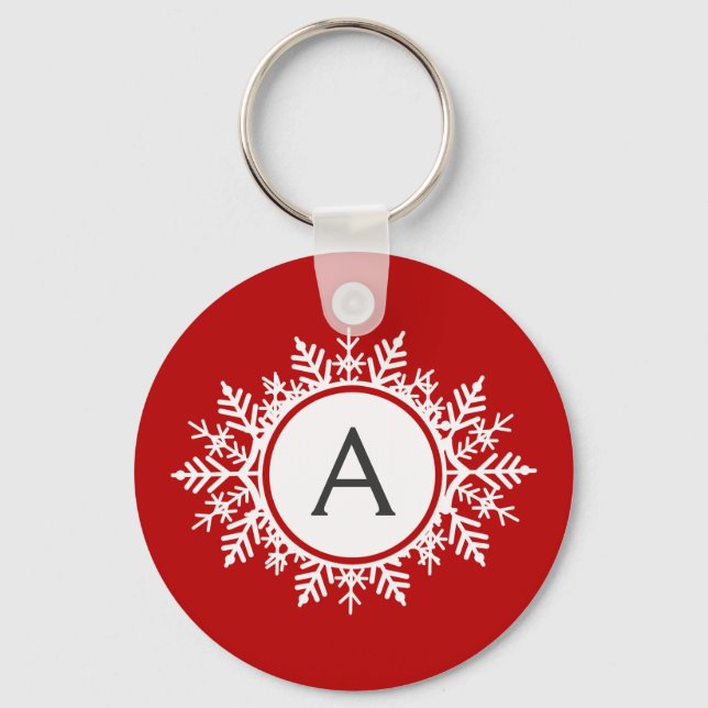 Ornate White Snowflake Monogram på Festive Red Nyckelring (Framsida)
