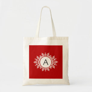 Ornate White Snowflake Monogram på Festive Red Tygkasse