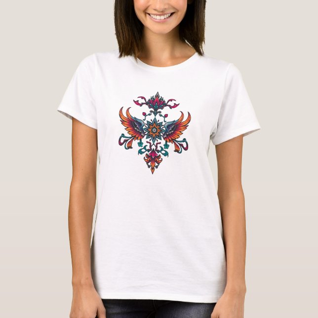 Ornate Winged Blommigt Emblem T Shirt (Framsida)