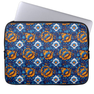 Ornera Blommönster i blå och Orange brickor Laptop Fodral