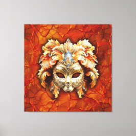 Ornera mask med Orange fjädrar på röd bakgrund Canvastryck