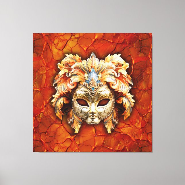 Ornera mask med Orange fjädrar på röd bakgrund Canvastryck (Framsida)