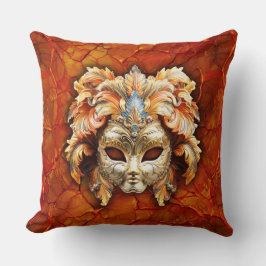 Ornera mask med Orange fjädrar på röd bakgrund Kudde