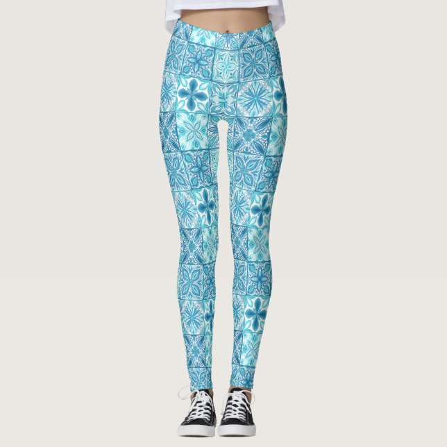 Ornera plattor i blått och vitt leggings (Framsida)