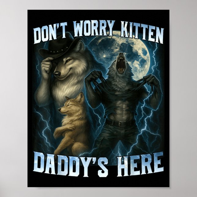 Oroa er inte, lilla katt, pappa är här, rolig alph poster (Framsidan)