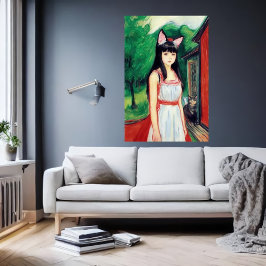 Öron med vit klänning och katt | AI Art Poster