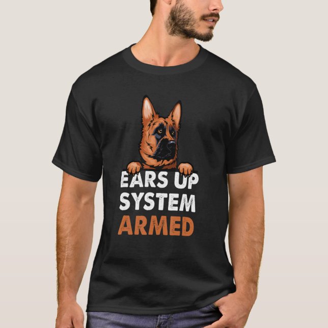 Öron Up System Armed Hund Animal German Shepherd T Shirt (Framsida)