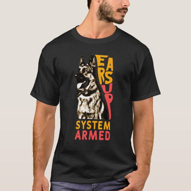 Öron Up System Armed Hund Animal German Shepherd T Shirt (Framsida)