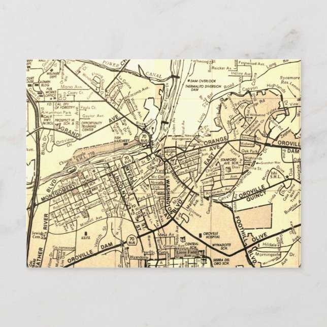 Oroville, CA Vintage Karta Vykort (Framsida)