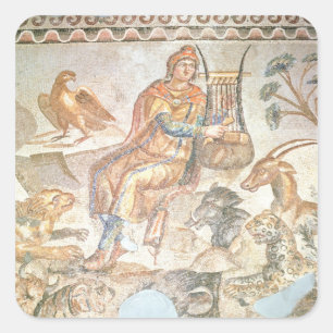 Orpheus leker med djur, romersk mosaik fyrkantigt klistermärke