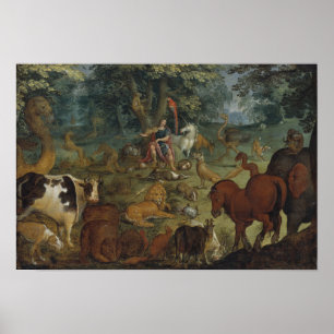 Orpheus som charmar beasterna (olja på panel) poster