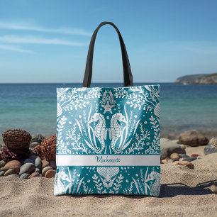 Örshästar Ocean Sea Life Teal Blue Lägg till ditt Tygkasse