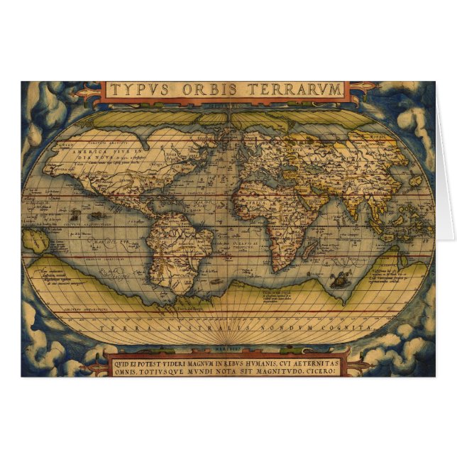 Ortelius 1570 Världskarta: Antik Kartografi Hälsningskort (Framsidan Horizontal)