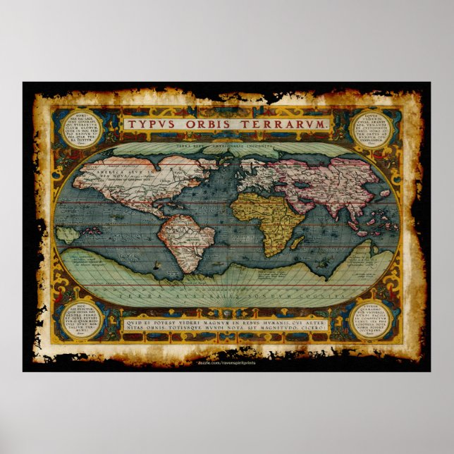 Ortelius gamla världskarta i Rustic Grunge Stil Poster (Framsidan)