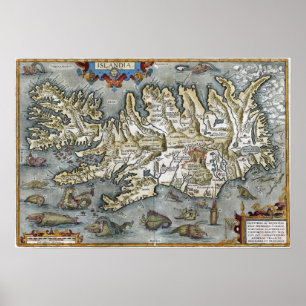 Ortelius Islandia Karta med havsmonster Skriv ut Poster
