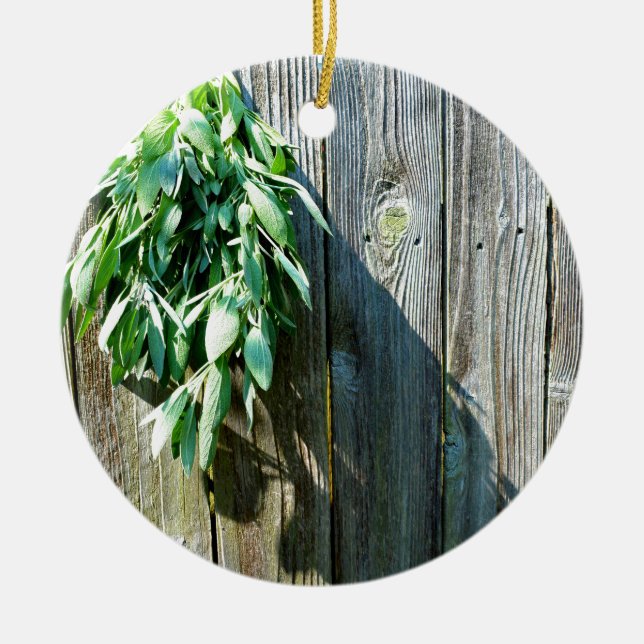 Örter av botaniskt grönt, nödrad, av trä julgransprydnad keramik (Framsidan)