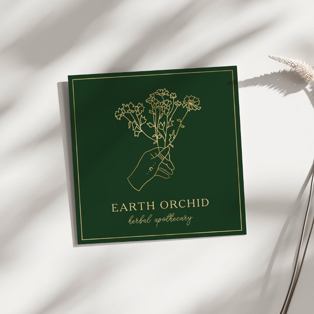 Örter + Blommigt Apothecary Guld & Grönt Fyrkantigt Visitkort (Skapare uppladdad)