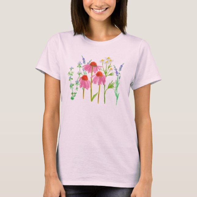 Örter Chamomile Coneflower Thyme Lavender Flowers T Shirt (Framsida)
