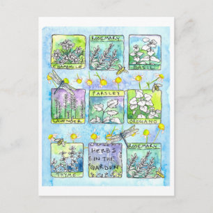 Örter Garden Dragonflies Honungsbin Watercolor Vykort