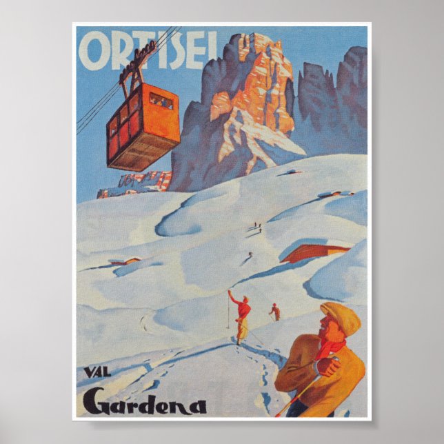 Ortesei Italien Vintage Ski Travel Poster (Framsidan)