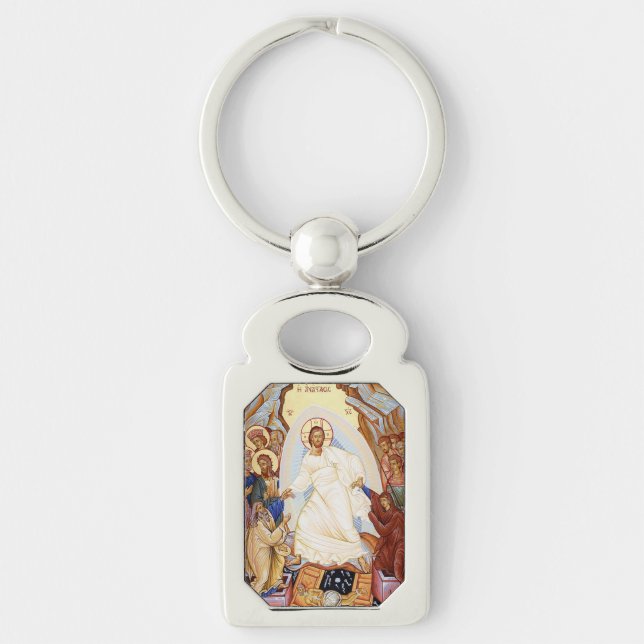 Ortodoxa ikonen för Anastasis Resurrection Rektangulärt Silverfärgad Nyckelring (Framsidan)