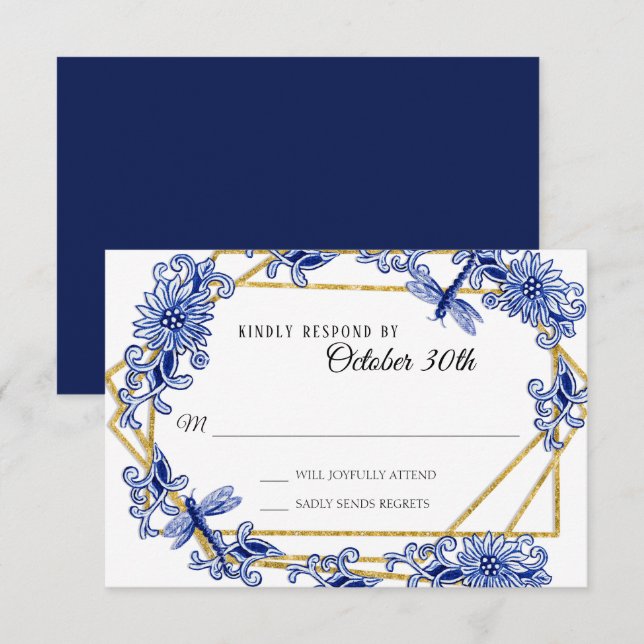 OSA Asian Influence Navy Blue Blommigt Chinoiserie Inbjudningar (Fram/baksida)