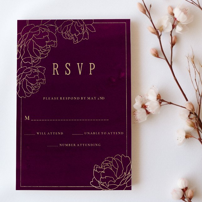 Osa av blommigt av  av vattenfärgsburgundi guld inbjudningar (Watercolor burgundy gold peony floral RSVP)