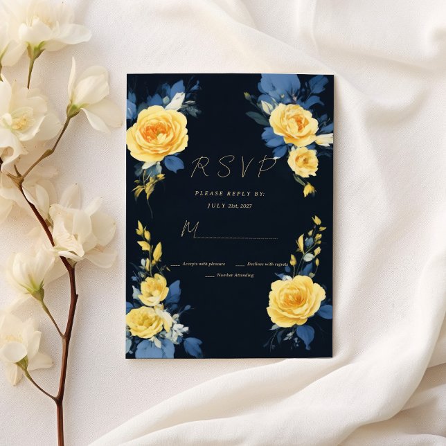 Osa av Butterkopps gult navy blue boho blommigt Inbjudningar (Buttercup yellow navy blue boho floral RSVP)