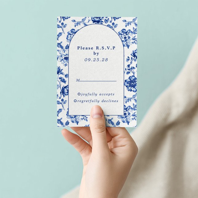 Osa av DelSoftware-Inspired Blue Blommigt Arch-sva (Delftware arch, blue and white wedding rsvp card)