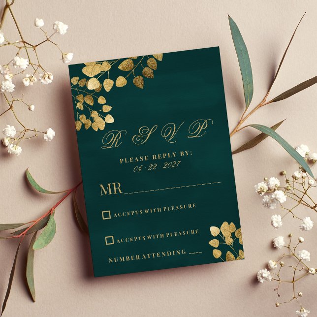 OSA av elegant av klassisk mörk grönt guld-eukalyp Inbjudningar (Elegant classic dark green gold eucalyptus RSVP)