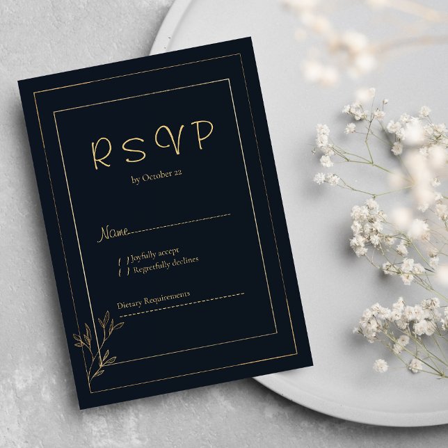 Osa av enkel minimalistisk blommigt i guld, blåblå inbjudningar (Navy blue gold simple minimalist floral RSVP)
