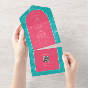 OSA av handflatan Träd Rosa Blue Beach Wedding QR 