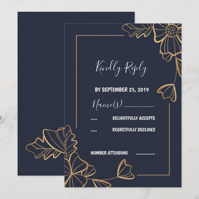 Osa av marin och gyllene blommigt inbjudningar (Fram/baksida)