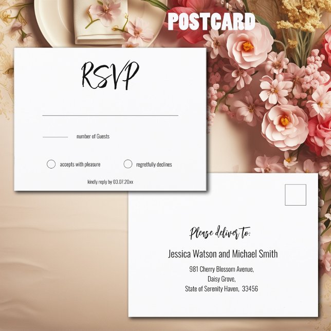 💍 OSA av minimal Elegant och antal gäster Vykort (Minimalist Elegant RSVP & number of Guests Postcard)