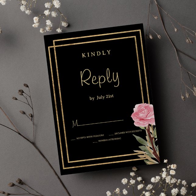 Osa av mintblomma vid rosa av guld, geometrisk sva inbjudningar (Geometric black gold pink mint flower RSVP )