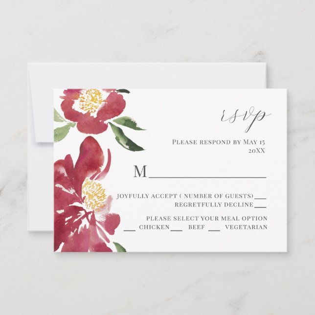 Osa av Red Watercolor Peonies Wedding bjudande Kort (Framsida)