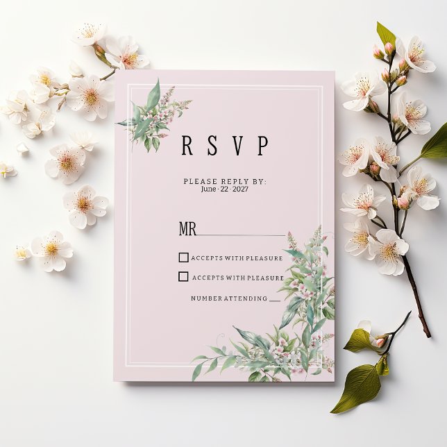 Osa av rosa av vattenfärg vid myntblomma inbjudningar (Watercolor pink mint flower bouquet RSVP )