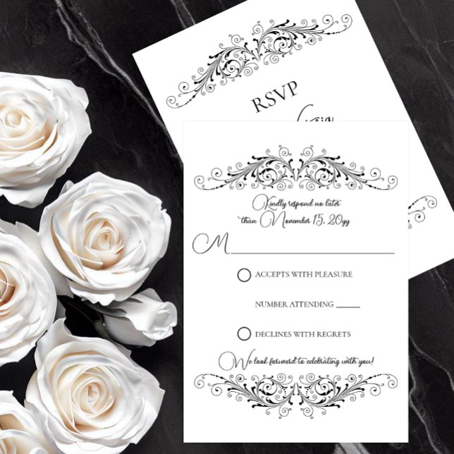 Osa av svartvit blomsterodling kort (Black and White Flourish Elegance RSVP card to let your guests respond to your wedding invitation.)