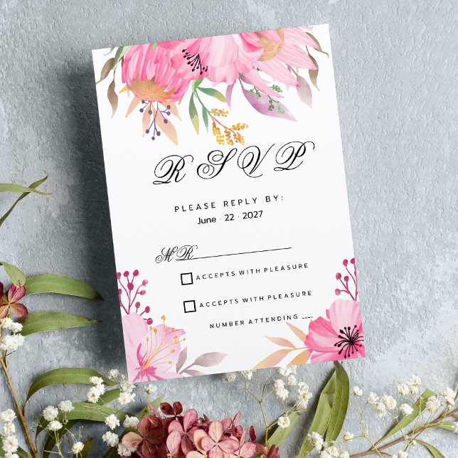 Osa av vattenfärgade blommor i botanisk rosa orang inbjudningar (Botanic pink orange watercolor flowers RSVP)