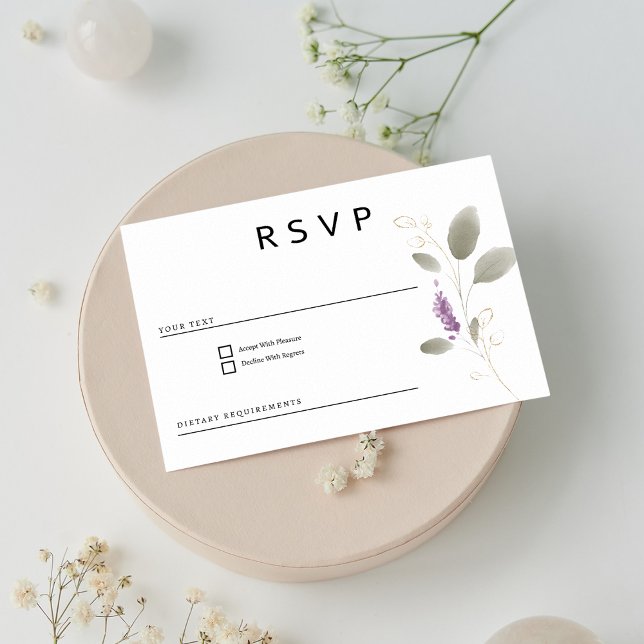 Osa av vattenfärgen blommigt i Lavender mynta guld Inbjudningar (Lavender mint gold watercolor floral RSVP)