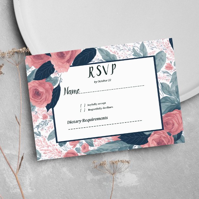 Osa av vattenfärgsblått mauve rosa blommigt inbjudningar (Watercolor navy blue mauve pink floral RSVP )