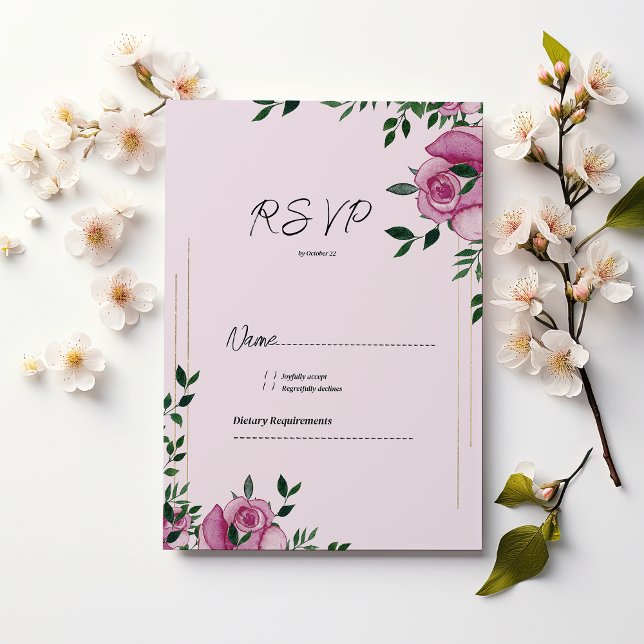 Osa av vattenfärgslilak grönt guld ro blommigt inbjudningar (Watercolor lilac green gold rose floral RSVP )