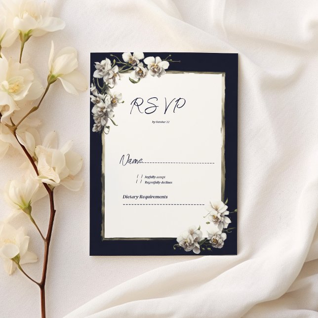 Osa av vit, vit, färsk blommigt från guld i lyxflo inbjudningar (Luxury navy blue gold white orchid floral RSVP)
