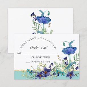 OSA Bröllop Aqua Blue w Poppy Watercolor Blommigt Inbjudningar