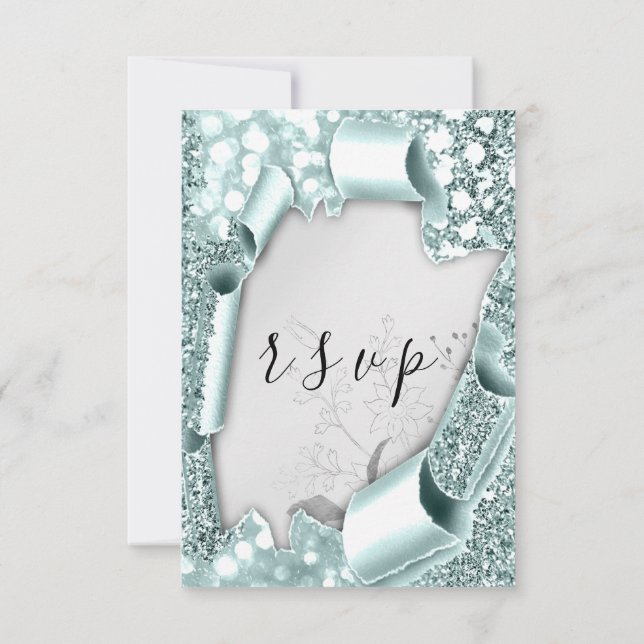 OSA Bröllop Glitter Blommigt Silver Aqua Blue Kort (Baksida)