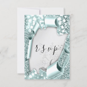 OSA Bröllop Glitter Blommigt Silver Aqua Blue Kort