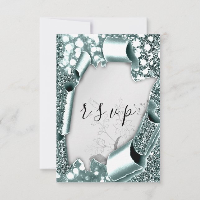 OSA Bröllop Glitter Blommigt Silver Rökky Teal Kort (Baksida)